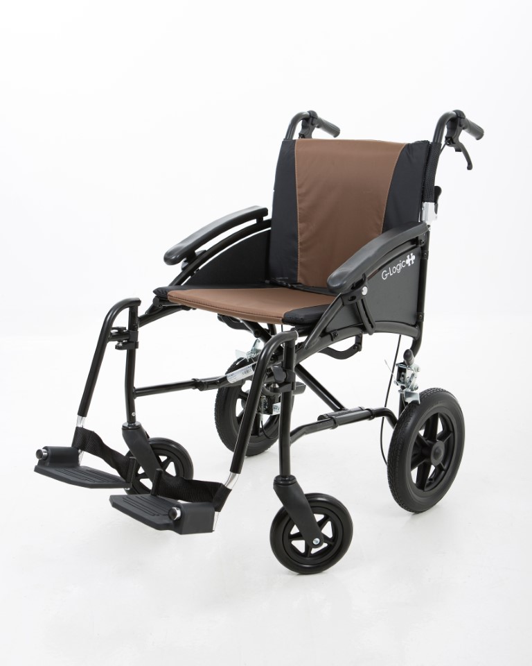 Excel G-Logic Lightweight Transit Wheelchair With Black Frame and Brown Upholstery 16'' Slim Seat